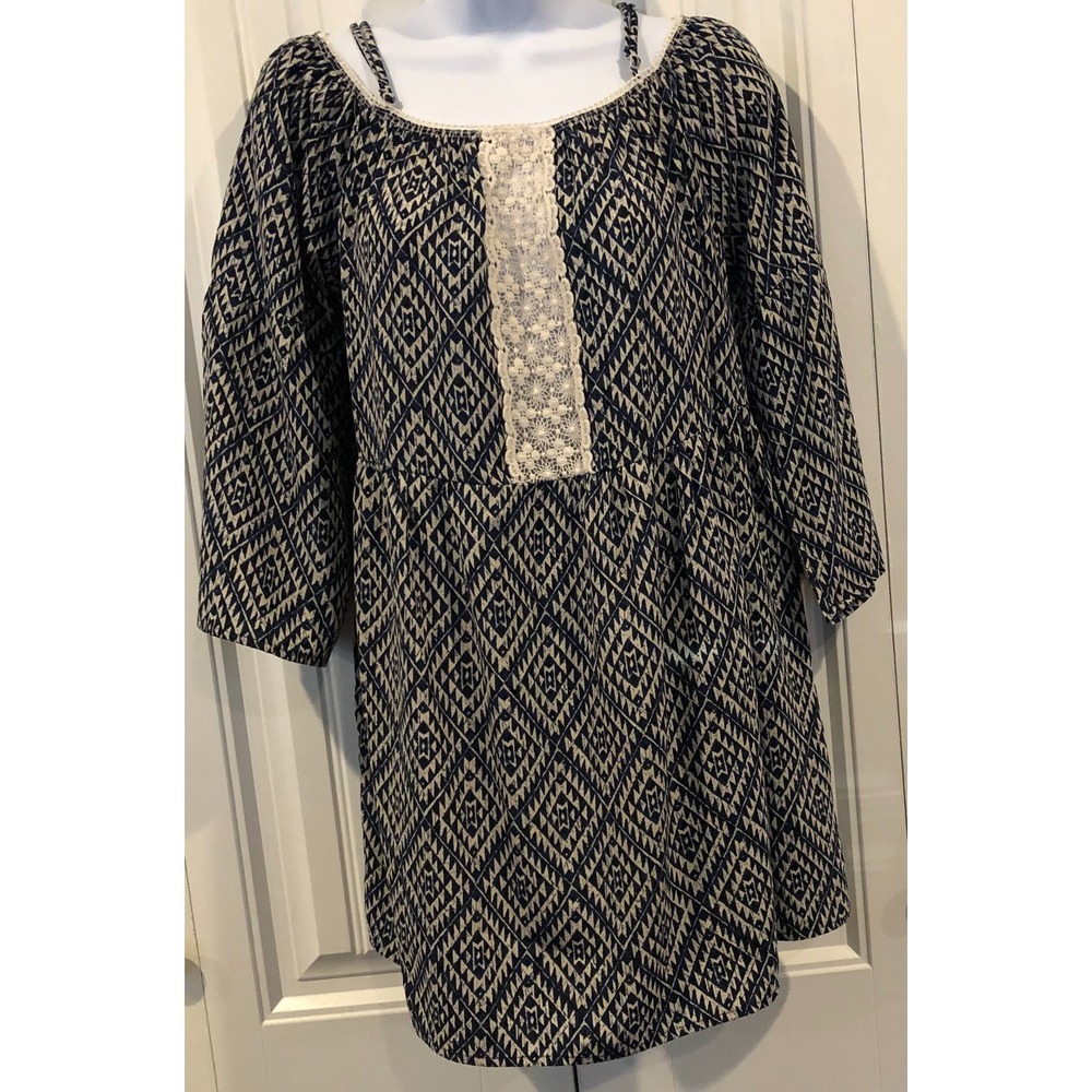Pixi Ivy Women's Navy Blue Geometric Tunic Top 3/4 Sleeve Lace Detail Boho Peasa